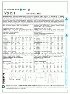 Vogue Pattern V9191 Misses' Ponchos, Back-Pleat Top, Shorts And Wide-Leg Wrap Pants -Sewing Supplies Store 30157798 2