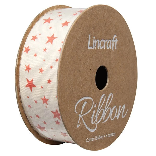 Cotton Ribbon, Burnt Orange Stars- 25mm X 3m 1 Cotton Ribbon, Burnt Orange Stars- 25mm X 3m
