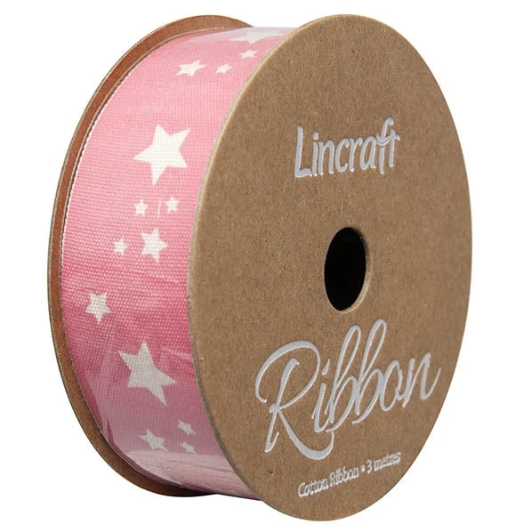 Cotton Ribbon, Stars Light Pink- 25mm X 3m 1 Cotton Ribbon, Stars Light Pink- 25mm X 3m