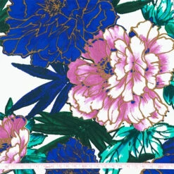 Stretch Cotton Sateen Fabric, White Floral- Width 148cm