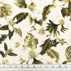 Rayon Linen Blend Fabric, White Floral- 145cm