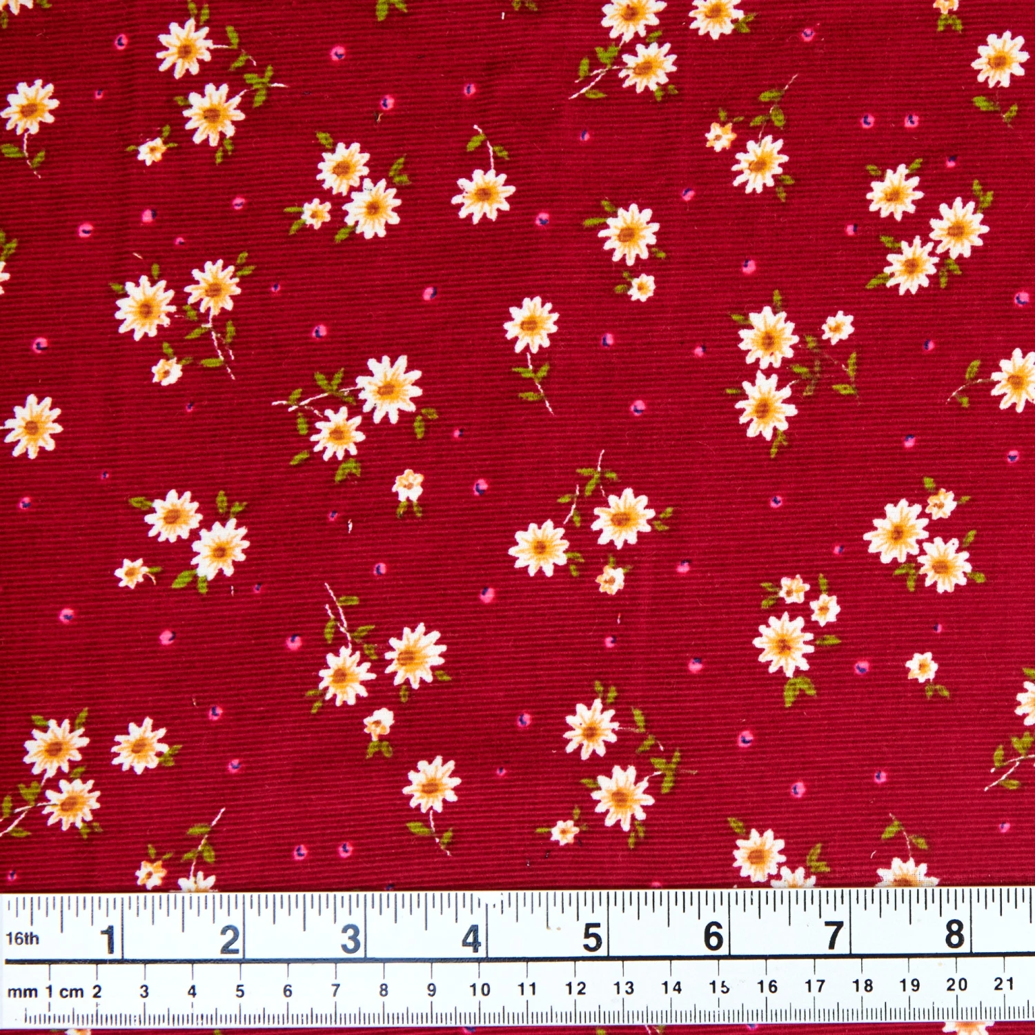 Printed Corduroy Fabric, Maroon Daisy- 114cm Width 1 Printed Corduroy Fabric, Maroon Daisy- 114cm Width