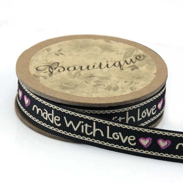 Bowtique Grosgrain Ribbon, Made With Love Black- 15mm X 5m 1 Bowtique Grosgrain Ribbon, Made With Love Black- 15mm X 5m