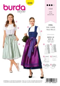 Burda Pattern 6268 Misses' Jumper Dress In Dirndl-Style, Blouse And Apron