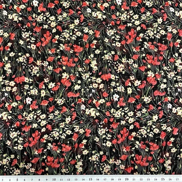 Twill Chiffon Fabric, Black Floral- 140cm 1 Twill Chiffon Fabric, Black Floral- 140cm
