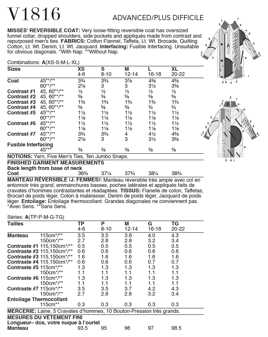 Vogue Pattern V1816 Misses' Reversible Coat 6 Vogue Pattern V1816 Misses' Reversible Coat - Image 6