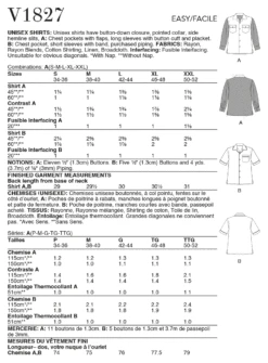 Vogue Pattern V1827 Unisex Shirts -Sewing Supplies Store V1827 envelope back