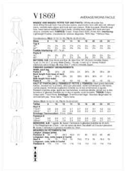 Vogue Pattern V1869 Miss & Petite Top & Pant 9 Vogue Pattern V1869 Miss & Petite Top & Pant -Sewing Supplies Store V1869 envelope back c66b64fb 1942 48d0 b8aa 84896d2f0478 scaled