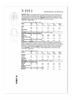 Vogue Pattern V1911 Misses' Coat -Sewing Supplies Store V1911 envelope back scaled
