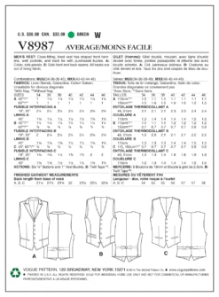 Vogue Pattern V8987 Men's Vest 13 Vogue Pattern V8987 Men's Vest -Sewing Supplies Store V8987 envelope back