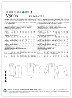 Vogue Pattern V9006 Misses' Top -Sewing Supplies Store V9006 envelope back