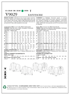Vogue Pattern V9029 Misses' Blouse -Sewing Supplies Store V9029 envelope back