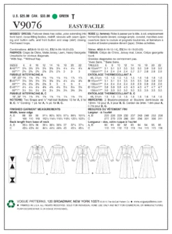 Vogue Pattern V9076 Misses' Dress -Sewing Supplies Store V9076 envelope back