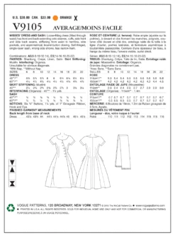 Vogue Pattern V9105 Misses' Dress And Sash 17 Vogue Pattern V9105 Misses' Dress And Sash -Sewing Supplies Store V9105 envelope back