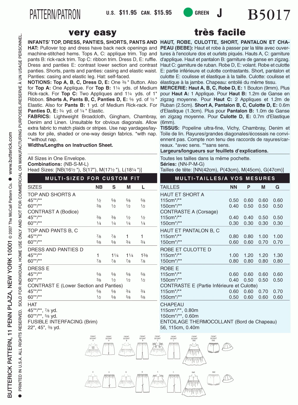 Butterick Pattern B5017 Infants' Top, Dress, Panties, Shorts, Pants And Hat 2 Butterick Pattern B5017 Infants' Top, Dress, Panties, Shorts, Pants And Hat - Image 2