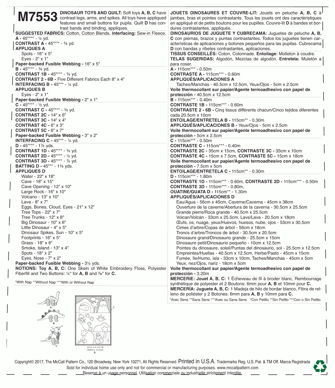 McCall's Pattern M7553 Dinosaur Plush Toys And Appliquéd Quilt 2 McCall's Pattern M7553 Dinosaur Plush Toys And Appliquéd Quilt - Image 2