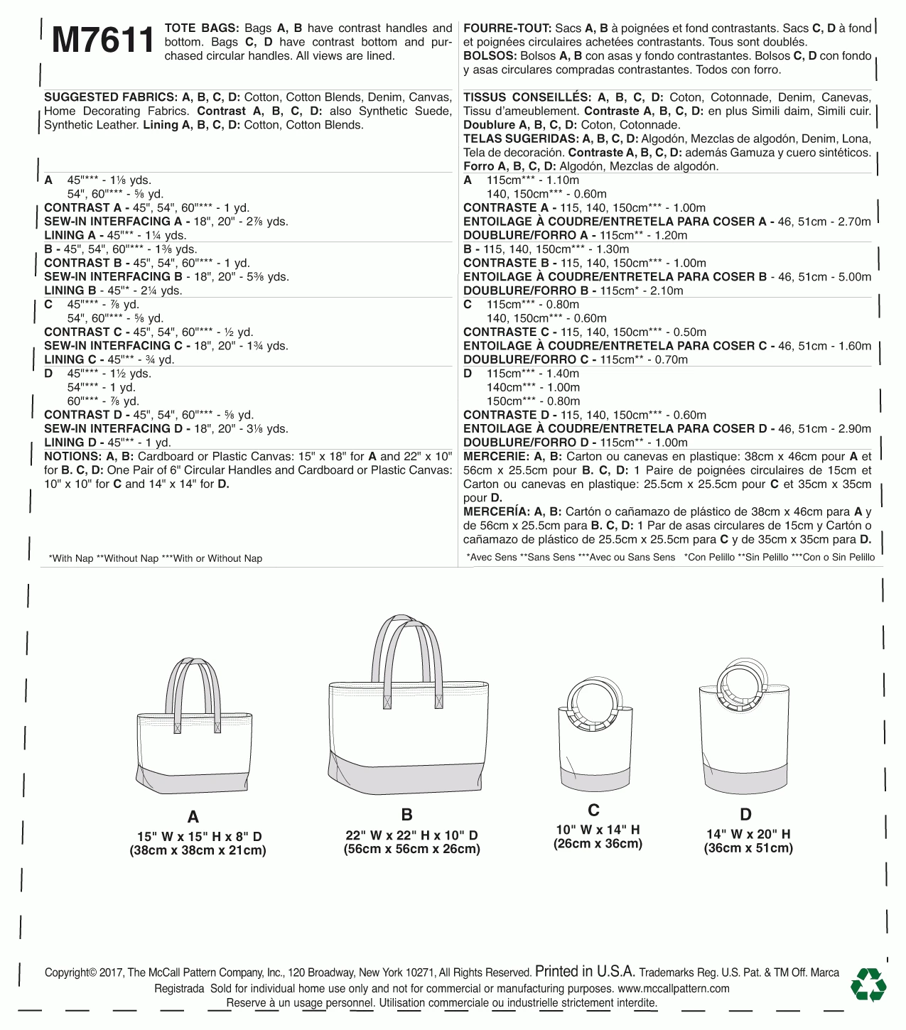 McCall's Pattern M7611 Misses' Lined Tote Bags With Contrast Variations 2 McCall's Pattern M7611 Misses' Lined Tote Bags With Contrast Variations - Image 2