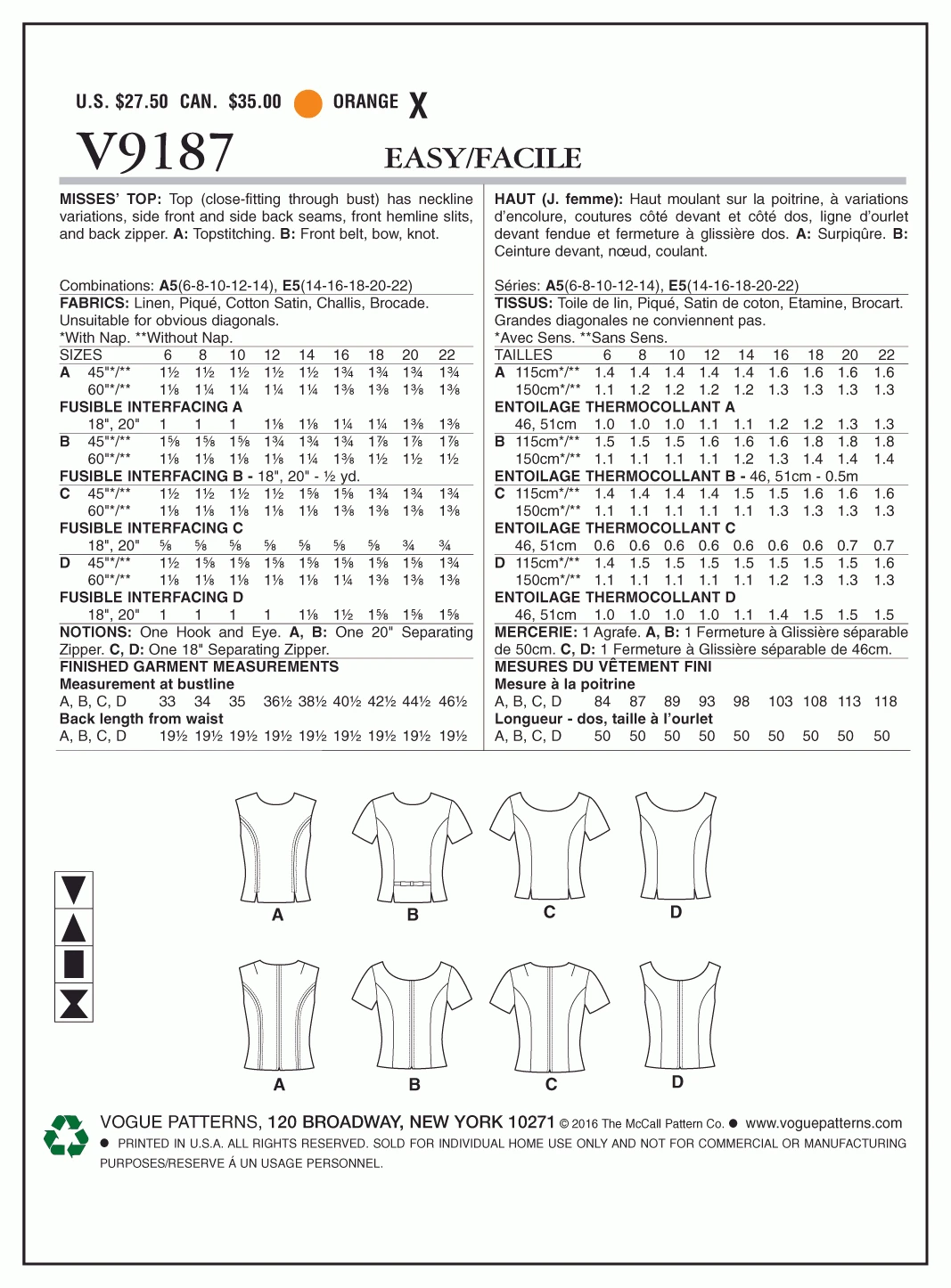 Vogue Pattern V9187 Misses' Jewel Or Scoop-Neck, Princess-Seam Tops 2 Vogue Pattern V9187 Misses' Jewel Or Scoop-Neck, Princess-Seam Tops - Image 2
